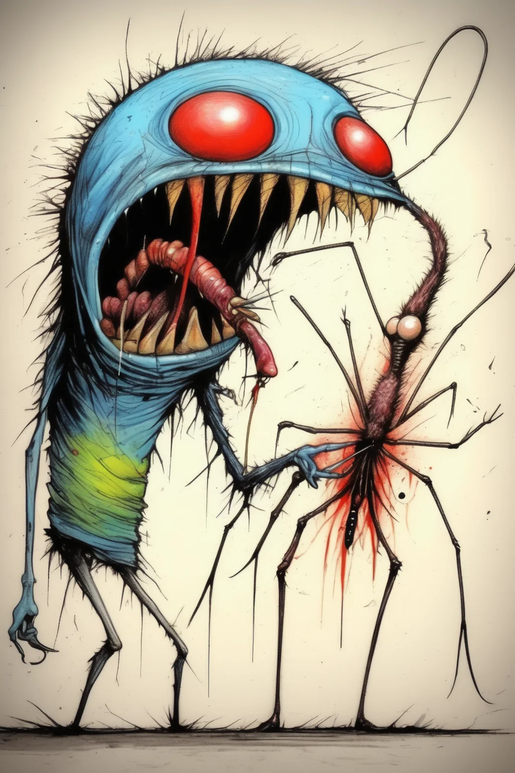 <lora:Alex Pardee Style:1>Alex Pardee Style - human biting a mosquito back, eatint a mosquito in the style of Alex pardee
