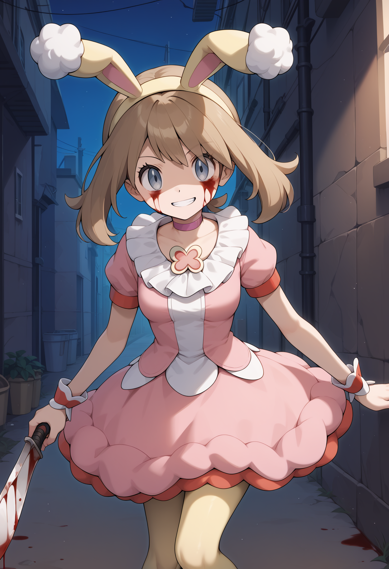 score_9, score_8_up, score_7_up, score_6_up, score_5_up, score_4_up, source_anime, aamay, brown hair, yellow hairband, fake animal ears, grey eyes, blue eyes, breasts, pink choker, frilled collar, pink dress, short sleeves, wrist cuffs, yellow pantyhose, <lora:may_(pokemon)_ponyxl_v1:0.9>, (shaded face:1.2), evil grin, blood on face, blood on clothes, holding knife, night, alley, empty eyes,