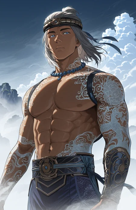 <lora:[Char - IL] Mortal Kombat - Liu Kang [Fire God ] (R1E07):1> mk_firegod_liukang, liukang_body,
muscular male,
cowboy shot,
 ,
divine landscape, low clouds, fog, wind, reflective,
anime style, anime coloring,
detailed, semi-realistic, 
masterpiece, best quality, amazing quality, very aesthetic, absurdres, newest, very awa,
