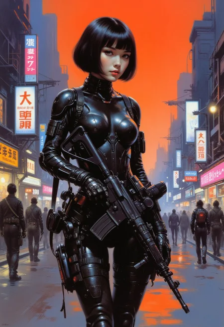 Frank Frazetta fantasy oil painting, japanese female sci-fi police officer with cybernetic implants, bob cut hair, detailed black bodysuit with red detailing, holding assault rifle with both hands, on cyberpunk street at dawn, neon signs and advertising screens, directional lighting, dutch angle