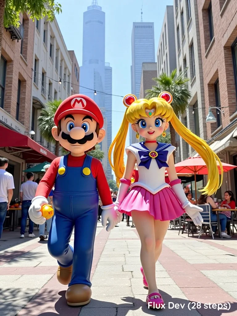 Sailor Moon and Mario strolling through a bustling city square, surrounded by street performers and small shops. Mario with a bright smile, holding a Fire Flower, Sailor Moon with her scepter over her shoulder, her hair catching the wind. The city skyline visible behind them, a mix of their worlds coming together, colorful, dynamic, and full of energy.
