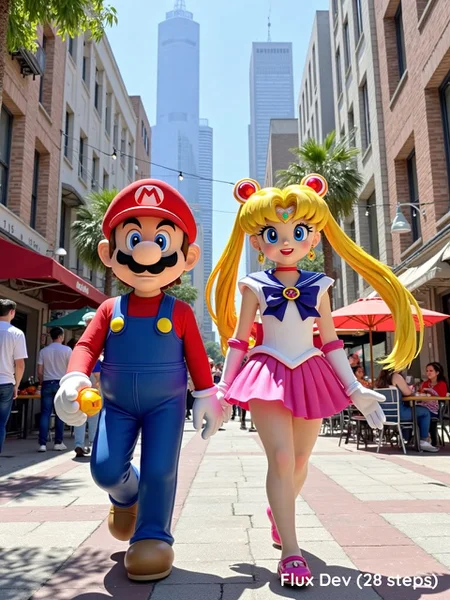 Sailor Moon and Mario strolling through a bustling city square, surrounded by street performers and small shops. Mario with a bright smile, holding a Fire Flower, Sailor Moon with her scepter over her shoulder, her hair catching the wind. The city skyline visible behind them, a mix of their worlds coming together, colorful, dynamic, and full of energy.