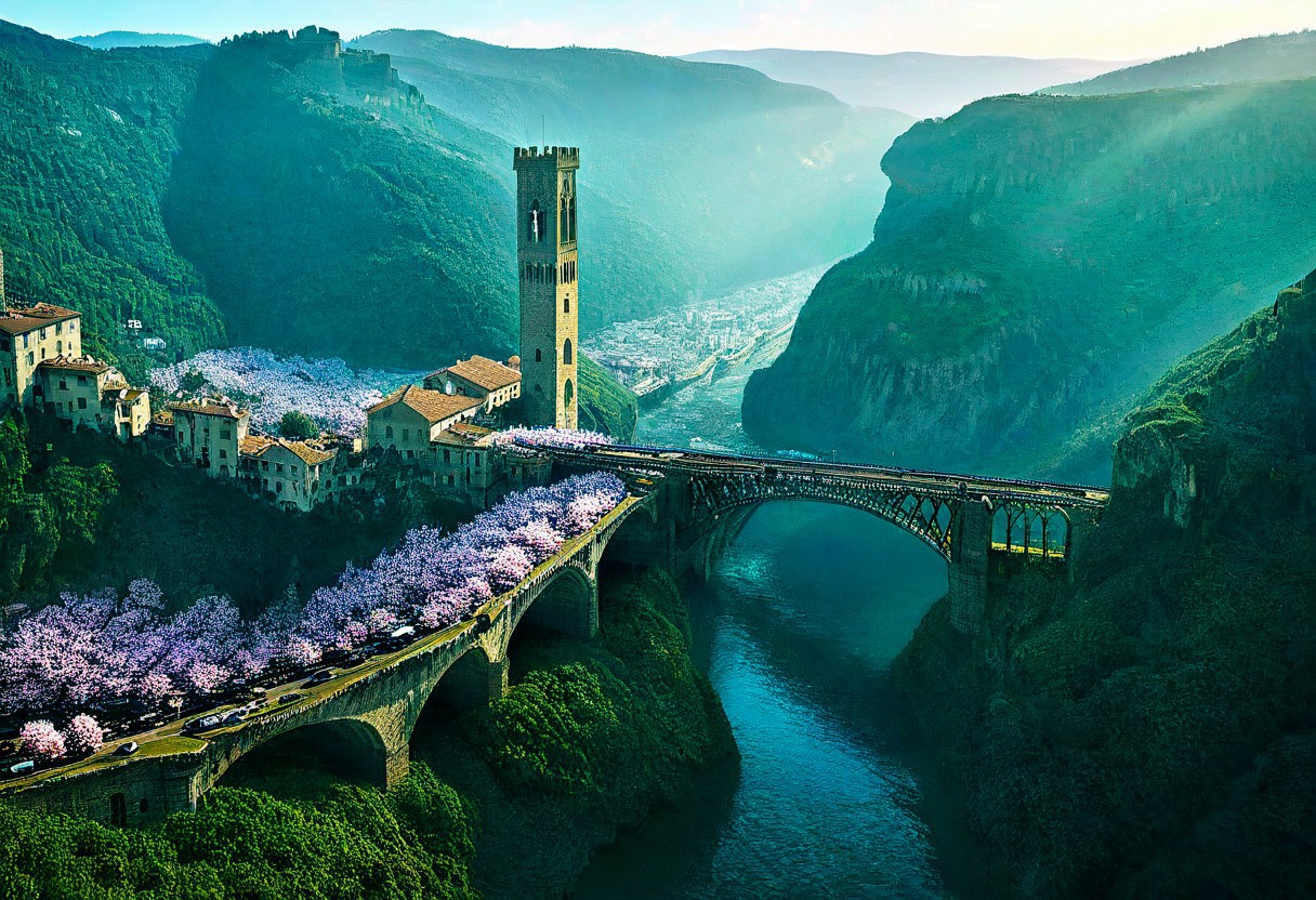 towers ringed in mist, sunrays, mixed media, flux-style, surrealism, fantasy, great lighting, A surreal landscape highly detailed, extremely high-resolution details, appears trapped in an optical illusion of reflections and refractions, colorful, Spring, cherry blossoms in the wind, sweeping vistas, majesty, spring blooms, (Zhangjiajie mountains:1.2),  (((Paris in contemporary France, baroque architecture, European architecture, Firenze towers))), (stone arch bridges:1.05), winding rivers extending to the horizon, professional photography, natural lighting, volumetric lighting maximalist. vivid, vibrant colors, intricately detailed, (psychedelic colors, psychedelic colors:1.15), complex, elegant, expansive, fantastical, film photography style, medium grain, cmnt
 (8k uhd:1,4)
 <lora:add-detail-xl:1>
 <lora:Dynamic Poses:1>