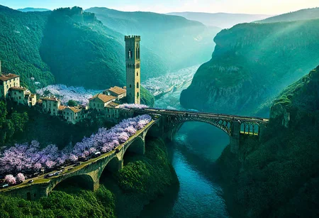 towers ringed in mist, sunrays, mixed media, flux-style, surrealism, fantasy, great lighting, A surreal landscape highly detailed, extremely high-resolution details, appears trapped in an optical illusion of reflections and refractions, colorful, Spring, cherry blossoms in the wind, sweeping vistas, majesty, spring blooms, (Zhangjiajie mountains:1.2),  (((Paris in contemporary France, baroque architecture, European architecture, Firenze towers))), (stone arch bridges:1.05), winding rivers extending to the horizon, professional photography, natural lighting, volumetric lighting maximalist. vivid, vibrant colors, intricately detailed, (psychedelic colors, psychedelic colors:1.15), complex, elegant, expansive, fantastical, film photography style, medium grain, cmnt
 (8k uhd:1,4)
 <lora:add-detail-xl:1>
 <lora:Dynamic Poses:1>