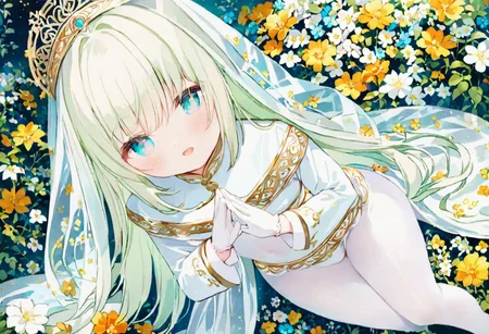 Best quality, masterpiece, fantasy flower garden, view from above, one petit priestess girl with flat chest, shining hands bound in prayer, standing upright, detailed light green long loose hair, priestess' veil, cute smooth face, gentle smile, detailed light blue eyes, detailed make up, jewelry, pure white clothes, shawl, white turtleneck leotard with long sleeves and gloves, slim waist, slim belly, thick clavicle, micro skirt, thick hips, thick thighs, white tights, heels