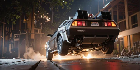 Back to the Future - The DeLorean time machine taking off from the ground, leaving a trail of light behind it.