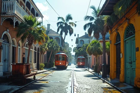 On a lively Canal Street in New Orleans where palm trees line the wide avenues and historic Creole mansions peek through iron gates, Mid-morning vibrance â bright sun splits palm canopies, (crisp shadows:1.1) lace the pavement, and (streetcar bells) tinkle as they pass. ,, Masterpiece,best quality,realistic,HDR, 8K, masterpiece, best_quality, absurdres, ultra-detailed, highly aesthetic,sweeping landscapes, unique perspectives, epic scale, revealing hidden beauty, showcasing vastness, immersive experience, precise compositions, expert piloting, dynamic angles, cinematic storytelling, showcasing natural wonders, aerial exploration