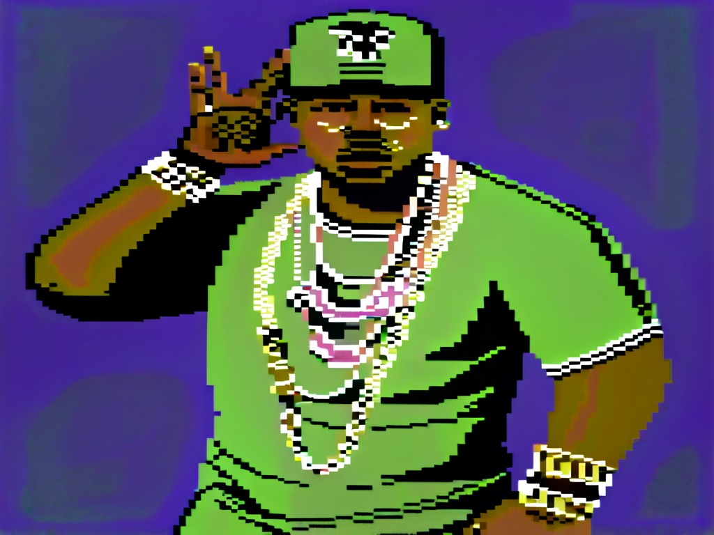 rapper with lots of bling,64gr4ph1cs style, pixel art,8-bit <lora:C64XL-000005:1.0>
