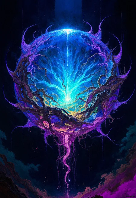 A hyper-realistic scene of a floating, giant crystal orb, glowing with inner blue light. The orb is suspended above a black void, surrounded by swirling tendrils of energy, which pulsate with vivid neon hues of purple, green, and pink. Inside the orb, intricate geometric patterns shift and morph, creating a mesmerizing kaleidoscope effect. The scene is set in complete darkness, with only the glowing orb and tendrils illuminating the space. The atmosphere is otherworldly and enigmatic, capturing a sense of cosmic power and mystery.   <lora:FLUX-daubrez-DB4RZ:0.93> DB4RZ, DB4RZ style painting,  <lora:aidmaImageUpgrader-FLUX-V0.1:0.33> detailmaximizer,  <lora:artilands:0.66>