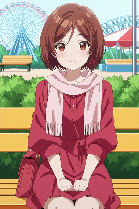 anime screencap, anime coloring, detailed face, masterpiece, best quality, very aesthetic, absurdres, volumetric lighting, amazing quality, ultra detailed,  highres, amazing quality, scenery, beautiful detailed hair, beautiful detailed eyes, perfect face,
 <lora:Akane_Sakuramori_Himari_Ishikura_Shisei_Houjou_and_Maho_Sakuramori_Im_Getting_Married_to_a_Girl_I_Hate_in_My_Class:1>
outdoors, at an amusement park, Ferris wheel in background,
Akane red dress (outfit), Akane Sakuramori (character), 1girl, brown hair, solo, bag, sitting, brown eyes, short hair, dress, red dress, braid, blush, handbag, closed mouth, collarbone, scarf, bench,
looking at the viewer, smile,