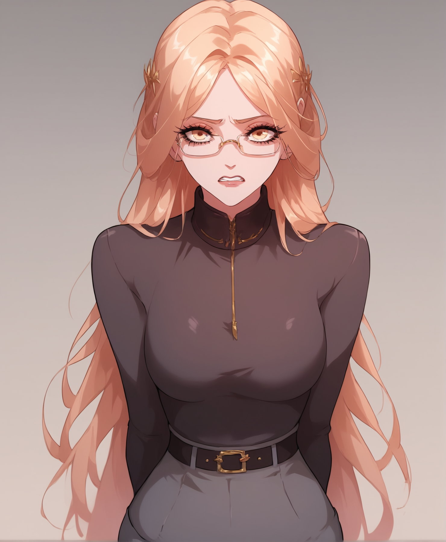(score_9, score_8_up, score_7_up), very aesthetic, fit, athletic body, godrays, perfect eyes, Ñute face, detailed, curvaceous, Expressiveh, handfixer, OverallDetail, soft lighting, (long eyelashes, eyeliner), detailed eyes,
embedding:zPDXL3, adult, fFaceDetail, commentary, skintight, soft tits, LuoYun-Chang, yellow eyes, blonde hair, long hair, hair ornament,
BREAK
office lady, grey suit, grey skirt, pencil skirt, office, glasses, grey suit jacket, scared 
<lora:thiccwithaqXLP:0.7> <lora:princess_xl_v2:0.75> <lora:HandFixer_pdxl_Incrs_v1:0.8> <lora:g0th1cPXL:0.65> <lora:Luo_Yun-Chang__Demonic_Emperor__Manhua__Webtoon:0.8>