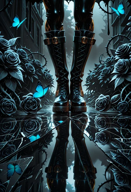 SmoothNoob_Quality, lower body, boots, abstract, breaking, shattered, glass, broken glass, monochrome, spot color, blue and black theme, dark, gothic, (black rose at center), thistles and thorns, flora, black and thick liquid, fog, blue butterfly, underlighting, strong visual impact, film lighting, (reflection, glass shards:1.2), sketch, lineart, wet painting,