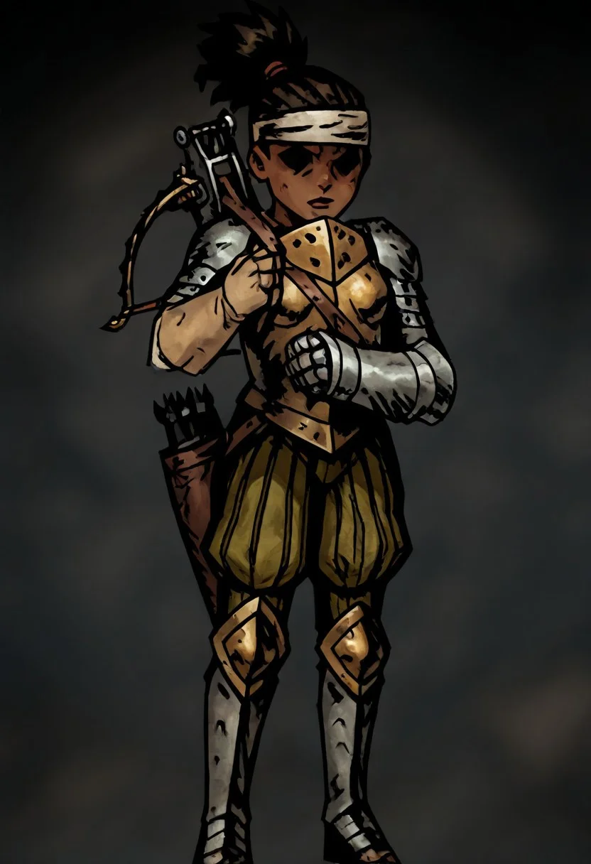 masterpiece, best quality, newest, absurdres, highres,
vintage anime, 90s anime,
DDstyle, official style,
black eyes, shaded eyes,
1girl, DD-Arba-V1.0, dark-skinned female, dark skin, dredlocks, armor, breastplate, armor, headband, greaves, quiver, ponytail, pauldrons
