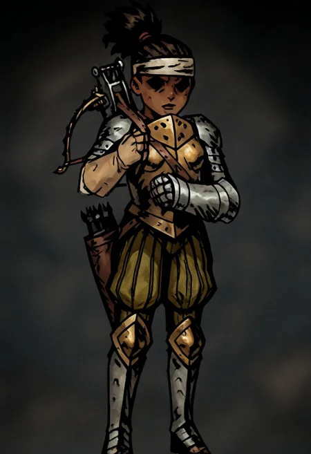 masterpiece, best quality, newest, absurdres, highres,
vintage anime, 90s anime,
DDstyle, official style,
black eyes, shaded eyes,
1girl, DD-Arba-V1.0, dark-skinned female, dark skin, dredlocks, armor, breastplate, armor, headband, greaves, quiver, ponytail, pauldrons