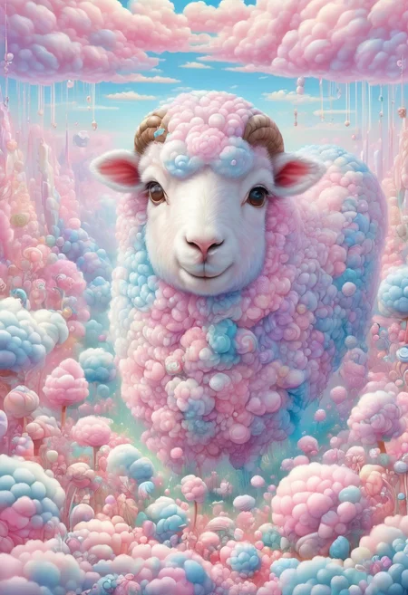 (cute sheep made of candy:0.9), cottoncandy, cute, no humans, solo, elaborate, (ultra realistic:1.1), (masterpiece, shiny:1.2), best quality, pastel colors, extremely detailed, intricate, detailed background, safe_pos