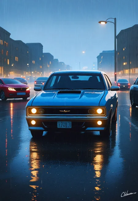 A realistic night street scene during light rain. A soft, warm yellow glow from a sodium vapor streetlamp gently illuminates an old Opel Corsa Wind (or Chevrolet Corsa Wind), parked on the side of the wet street. The car is in GM Mozart Blue color with a matte black-painted hood and smooth, clear headlights turned off. Water droplets are streaking down the body of the car, creating reflections and realistic rain texture. The vehicle is turned off and slightly wet from the rain. Cinematic atmosphere, soft urban background, wet pavement reflections, moody lighting.
