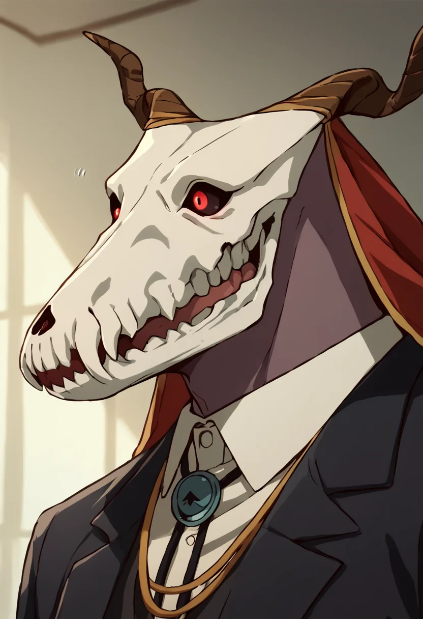 <lora:EliasAinsworthPony1.0:1> elias, 1boy, horns,skull, solo, male focus, shirt, red eyes, long sleeves, white shirt,necktie, glowing eyes, vest, collared shirt, suit,upper body, portrait,, score_9, score_8_up, score_7_up, score_6_up, score_5_up, score_4_up,open mouth, smile, motion lines,
