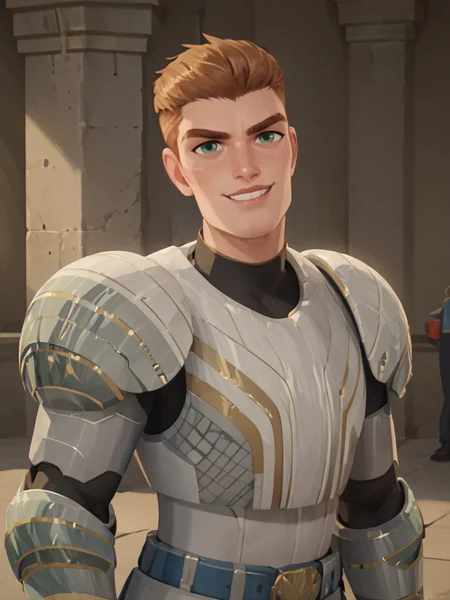 portrait of thod_sb man, <lora:Thoddeus_Sureblade_Nimona:.8> light brown hair, short hair, green eyes, armor, smirking, confident, cocky, manly, score_9, score_8_up, score_7_up, <lora:Smooth Anime 2 Style SDXL_LoRA_Pony Diffusion V6 XL:.3> <lora:add-detail-xl:.8> zPDXL3,