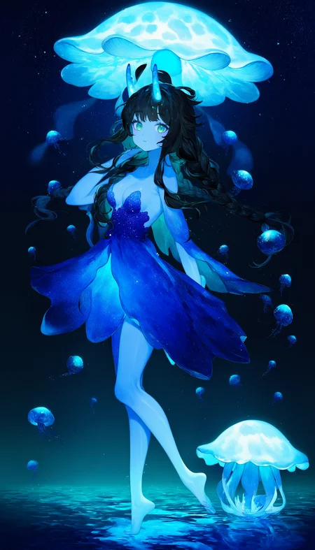 bioluminescence, 1girl, green eyes, barefoot, blue glow, braid, black hair, solo, long hair, jellyfish, blue theme, looking at viewer, full body, night, underwater, bangs, star \(sky\), breasts, water, slug girl, blue skin, glowing horns,
score_9, score_8_up, score_7_up, masterpiece, very aesthetic
<lora:quality_modifiers_masterpieces_v1:1>