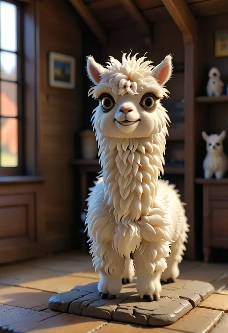 a fluffy miniature alpaca in 3d printed house, CreepyCuteMagical
