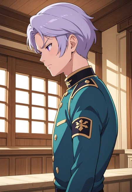 score_9, score_8_up, score_7_up, source_anime, side view, BREAK, ( angelo_sauper, purple eyes, gray hair, best eyes, annoyed expression, hands level with collarbone, zeon uniform, ) 1boy, male focus, solo, BREAK, mansion,
