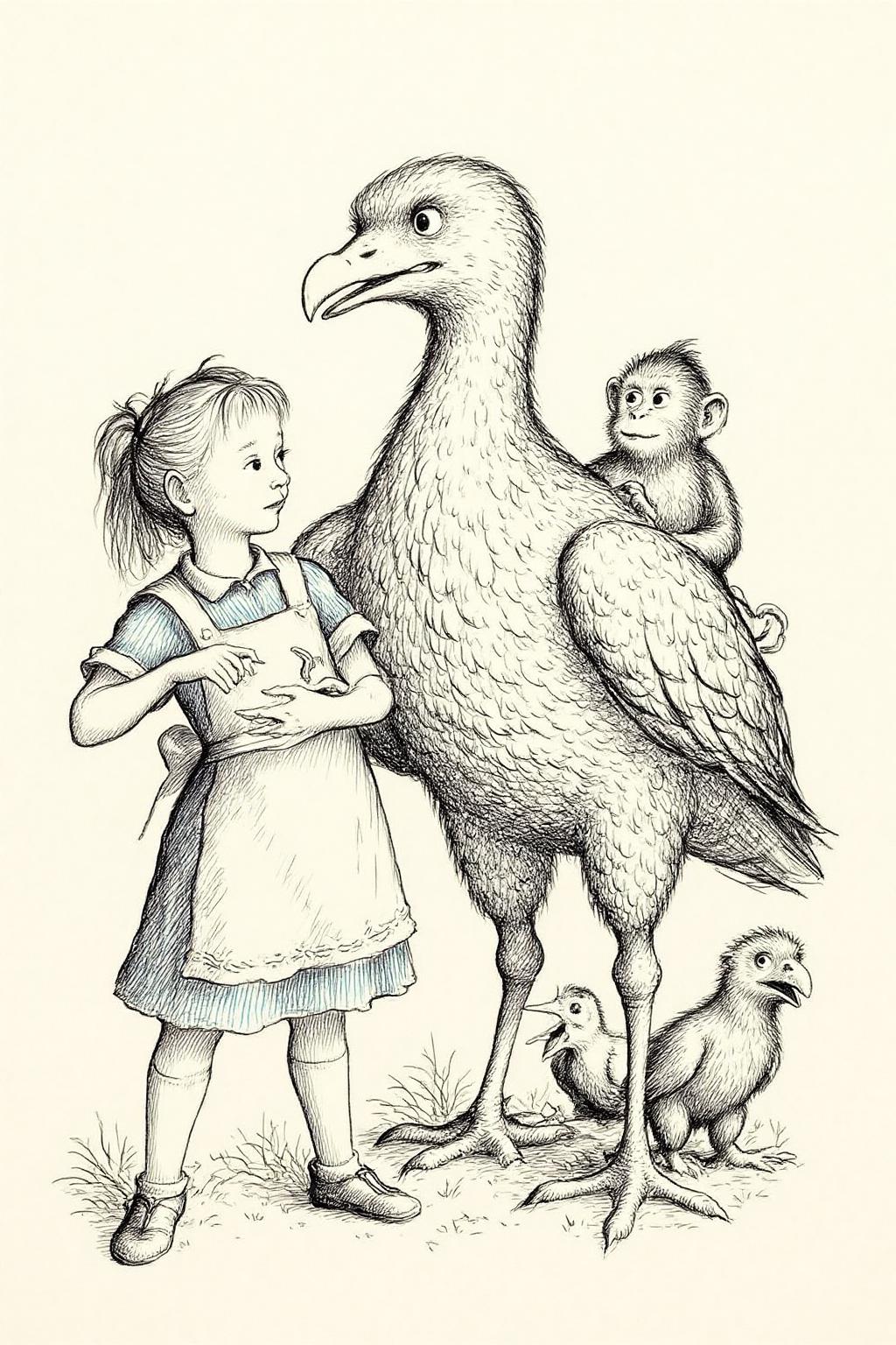 gawi1 illustration. 
 joten1 illustration. A fantastical encounter between a young girl, Alice, and a giant, prehistoric-looking bird. Alice, wears a blue and white striped dress, a white apron, and white stockings. She is talking with a anthropomorphic Dodo bird. There are other birds and and a monkey behind them.
 <lora:gawi1_cap_d6a3e12:1.0><lora:827365101272284910:0>