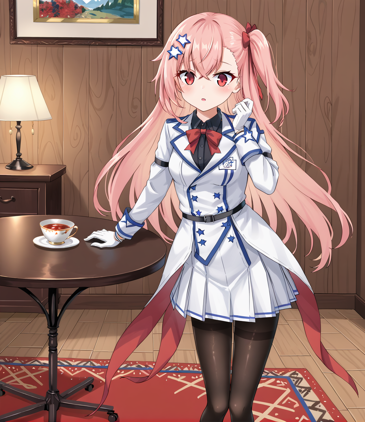 <lora:Negev_Girls_Frontline:1> negev, pink hair, red eyes, bangs, star of david hair accessories, white gloves, skirt, pantyhose, wooden walls, carpet, painting in background, dining room table
