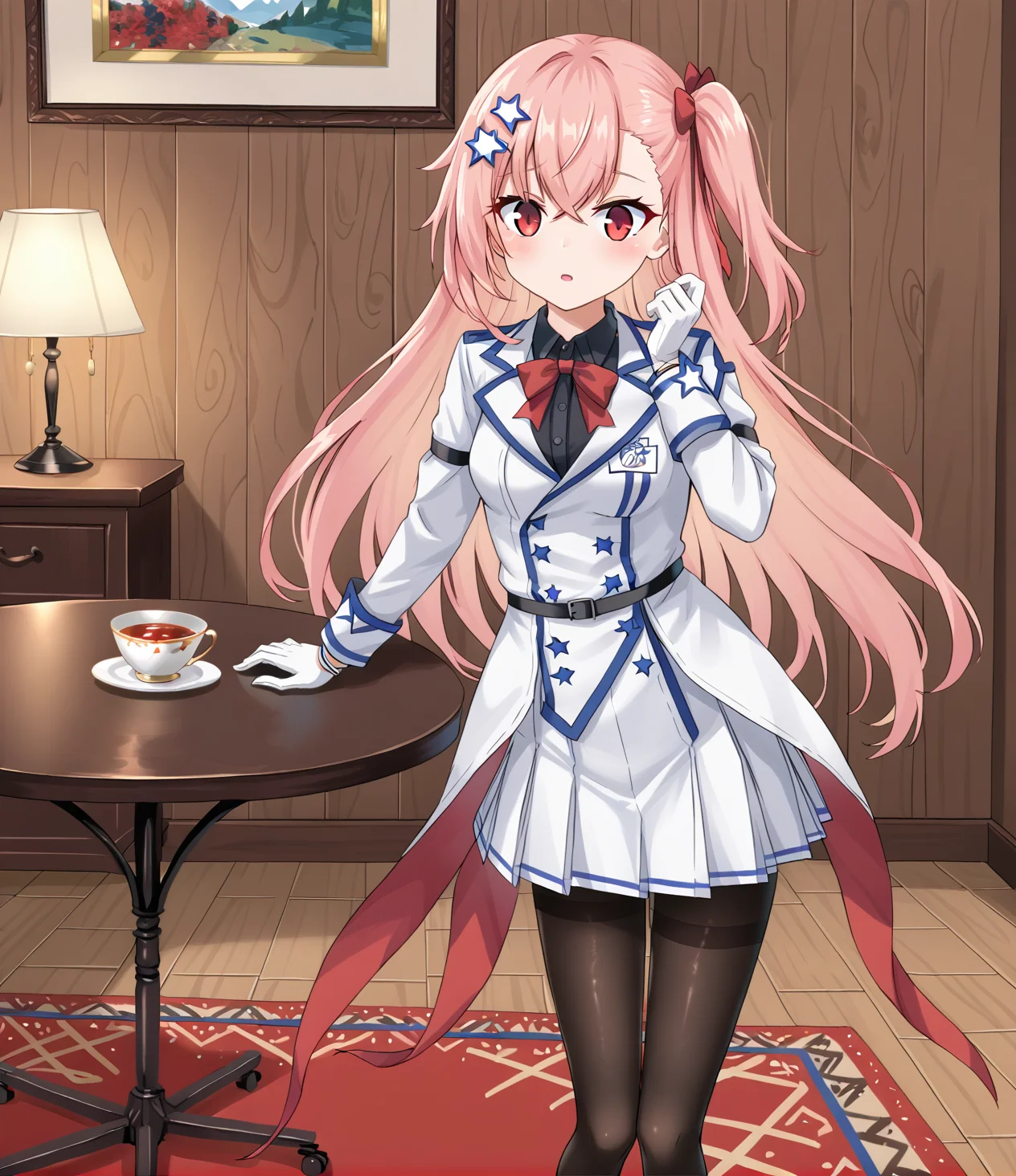 <lora:Negev_Girls_Frontline:1> negev, pink hair, red eyes, bangs, star of david hair accessories, white gloves, skirt, pantyhose, wooden walls, carpet, painting in background, dining room table