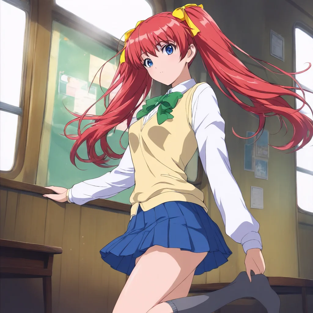 masterpiece,1girl,solo,looking at viewer,cowboy_shot,school uniform,yellow vest,skirt,socks,<lora:Shoko_Sugimoto ag4o v1:1> shoko_sugimoto, red hair, twintails, hair ribbon, blue eyes,