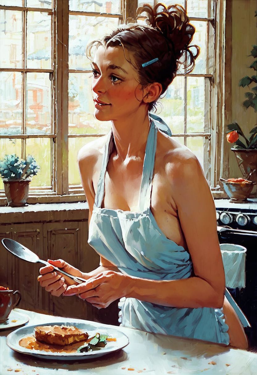 woman in 1950 outfit , score_9, score_8_up, score_7_up, young house wife, 30 year old , 1950s style , young woman wearing an apron , serving dinner on the table, downblows , nipple lip,  , 
painting study by Norman Rockwell
score_9, score_8_up, score_7_up, score_6_up, score_5_up, score_4_up,