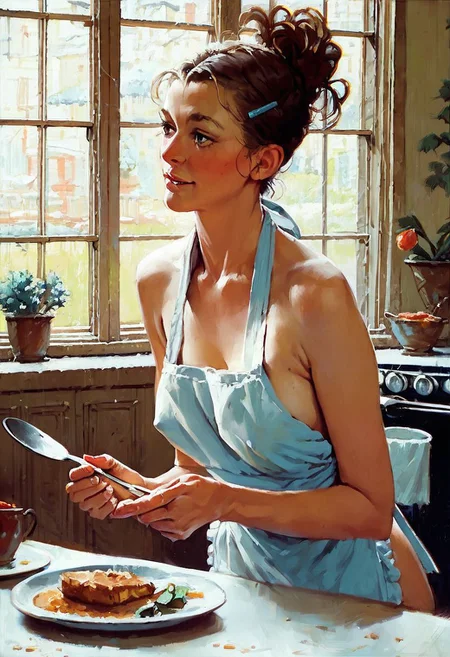 woman in 1950 outfit , score_9, score_8_up, score_7_up, young house wife, 30 year old , 1950s style , young woman wearing an apron , serving dinner on the table, downblows , nipple lip, ,
painting study by Norman Rockwell
score_9, score_8_up, score_7_up, score_6_up, score_5_up, score_4_up,