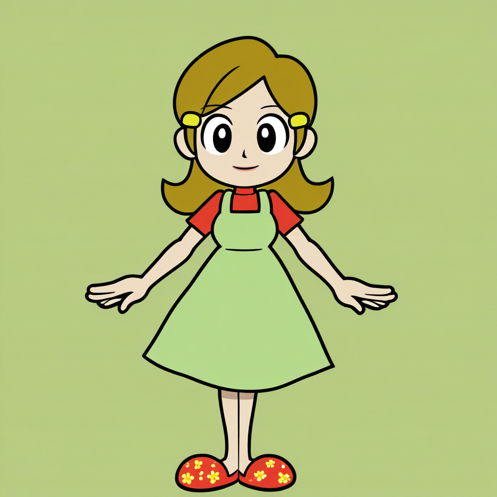 1girl, human, 5-volt, brown hair, red shirt, green dress, red slippers