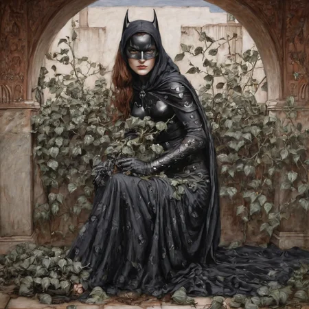 Painting by waterhouse of realistic detailed realistic ancient batwoman covered in black roses<lora:Waterhouse_painting_style:1>
