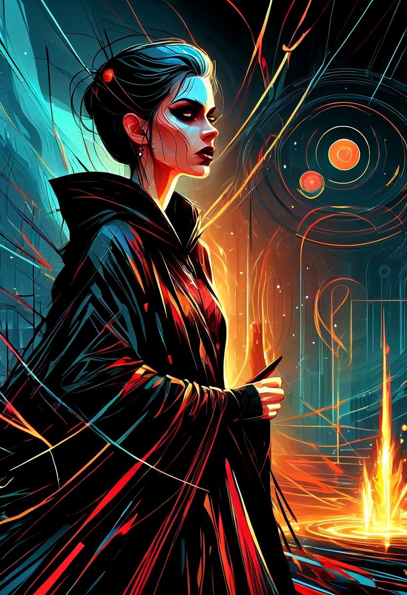 a grim faced young woman wearing a black robe, buzzcut, lipstick, magic circle, sorceror, crystals, portal, lighting, fire, mist, ritual,