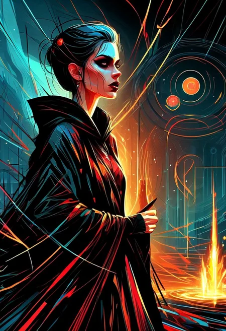 a grim faced young woman wearing a black robe, buzzcut, lipstick, magic circle, sorceror, crystals, portal, lighting, fire, mist, ritual,