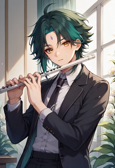 score_9, score_8_up, score_7_up, source_anime, highly detailed,
xiao, 1boy, male focus, solo, green hair, black hair, two-tone hair, ahoge, yellow eyes, facial mark, forehead mark, bangs, formal, suit, shirt, white shirt, collared shirt, jacket, black jacket, necktie,
instrument, transverse flute, playing instrument, indoor, holding, holding instrument,