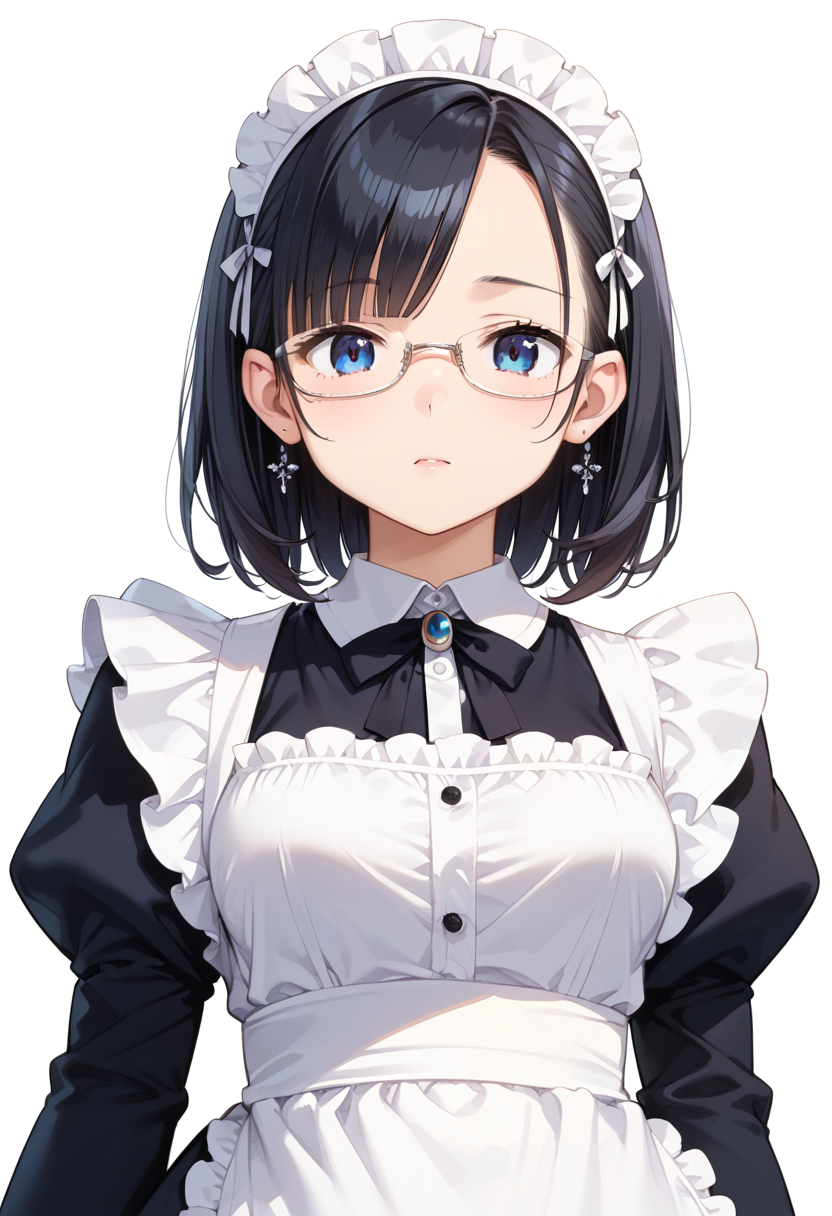 score_9, score_8_up, score_7_up, rating_safe, masterpiece, best quality, absurdres, unity 8k wallpaper, official art, official style, source_anime, uncensored, game cg, megami magazine,
1girl, solo, black hair, medium hair, upper body, covered eyes,maid, maid headdress, black dress, maid apron, face focus,
underrim_metal, glasses, still life, white background, simple background, under-rim eyewear, white-framed eyewear, 
 <lora:glasses_underRimMetal_PONY_V1:1>