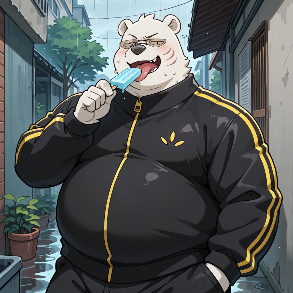 S3k1, detail background, 1boy, solo, anthro polar bear, male, fat, big belly, overweight, chubby,  thin eyebrows, cheek scar, white fur, black eyes, round ears, fluffy short tail, round tail, furry, black tracksuit, black zip-up jacket, yellow stripes, yellow zipper, matching pants, dark sweatpants, yellow accent lines, baggy pants, oval glasses, transparent glasses, gray-tinted glasses, BREAK alley, outdoors, day, rainy, went body, looking at viewer, popsicle licking, sweat, smug expression, face close-up, upper body, open mouth, licking, tongue, dynamic view