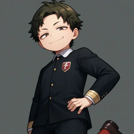 score_9, score_8_up, score_7_up, source_anime, highly detailed, cute boy, 1boy, solo, young, damian desmond, short hair, brown hair, brown eyes, Eden academy school uniform, knee length trousers, red socks, black dress shoes, smug smile, from below, hand on hip