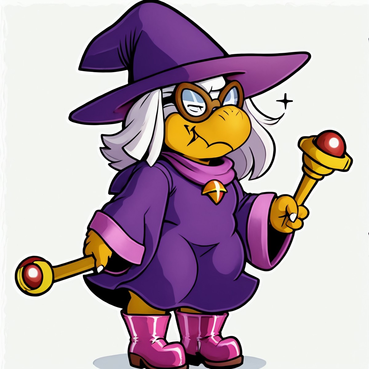 female,
<cartoon:1.5>,
<2d:1.5>,
kammy_koopa, granny_koopa, transparent background, solo, hat, witch hat,purple hat, purple robe, purple headwear, full body, white hair,  witch hat, holding, 1girl, wide sleeves, staff,boots,
<lora:Kammy_Koopa_Paper_Mario_Pony_SDXL:1> kammy_koopa <lora:90s4n1m3XLP:1> 90s4n1m3, smug,
smugness,
half closed eyes,
closed mouth,
sarcastic,