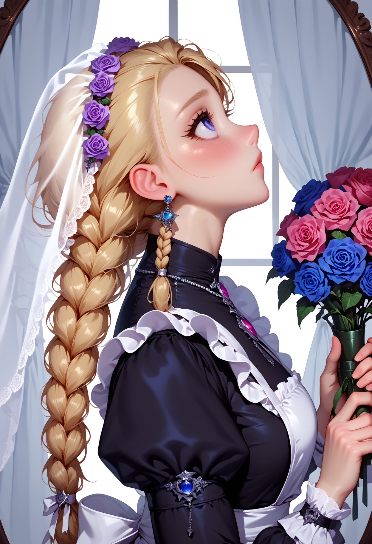 1girl, bouquet, braid, profile, flower, earrings, holding bouquet, jewelry, blonde hair, solo, holding, veil, hair over shoulder, dress, long hair, short over long sleeves, layered sleeves, rose, from side, hair ornament, long sleeves, black dress, looking up, white flower, hair flower, pink rose, white rose, puffy sleeves, indoors, purple rose, purple flower, apron, frills, blue flower, curtains, blush, multiple braids, red flower, pink flower, upper body, red rose, eyelashes, single braid, bridal veil, short sleeves, gem, white apron, orange flower, twin braids, closed mouth, blue rose, hair pulled back, juliet sleeves, looking afar, mirror, braided ponytail, looking ahead
<lora:skzW0rld-Pony:0.8>  <lora:MoriiMee_Gothic_Niji_Style__Pony_LoRA_V2_Alt:0.3> morimee_style <lora:Vector_art_lineless_Pony:0.6>