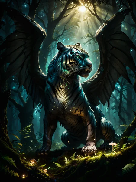 <loractl:envybetterhiresfixxl01-xl:0.2:hr=1.0> <lora:add-detail-xl:2.4> <lora:xl_more_art-full-xl:0.6> <lora:lyco-style-envydramaticlightingxl01_digital_art-xl:0.6> <lora:dark_atmospheric_contrast-xl-by_zavy:0.6> chiaroscuro, detailed glowing eyes, huge winged [dragon:tiger:28] in an enchated forest glade, at night, dappled light, poster art, ultra detailed