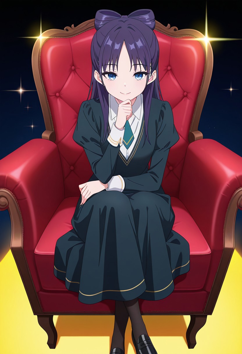 straight-on, (absurdres, best quality, masterpiece:1.4), amazing quality, highres, newest, detailed, detailed body, detailed face, source anime, anime coloring, beautiful, dark background, petite, on fancy red chair, sitting, yellow light ray, cross legs, hand to own chin, downturned eyes, looking ahead,  sparkles,
BREAK
WWNemu, 1girl, solo,  smile, NemuAniHu, dark purple hair, bow-shaped hair, parted bangs, half updo, blue eyes, v-neck dress, white inner collared shirt, Short necktie, juliet sleeves, long skirt, black pantyhose, black shoes, hand on armrest,