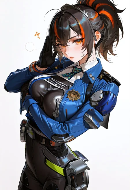 safe_pos, score_9, score_8_up, score_7_up, score_6_up, semi realistic, (au \(d elete\):1.2), 96yottea,masterpiece, best quality, very aesthetic, absurdres, solo, ((1girl)),zhuyuan, orange eyes, multicolored hair, ponytail, zhuyuan, default clothes, Police combat uniforms, 1girl, black hair, blue jacket, gloves, streaked hair,posing, large breasts, slightly muscular, round breasts, sexy pose, simple white background,looking at viewer, dynamic shot angle, dyannamix,wet skin, moist skin, shiny skin, sweaty