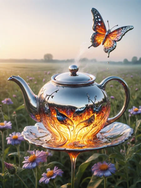A ais-moltenz teapot with delicate butterfly wings, pouring tea into a field of wildflowers <lora:Molten_Metal_SDXL:1>