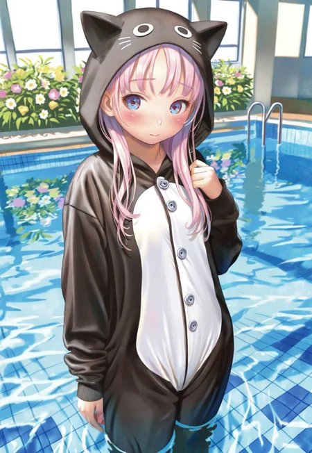 1girl, cat costume girl, standing by pool, afraid of water, shy expression, dynamic angle, cute character design, pastel colors, soft lighting, summer atmosphere, relaxing scene, tranquil background, bright lighting, masterpiece,best quality,amazing quality