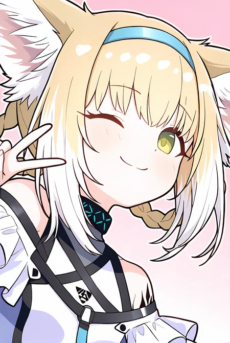 <lora:pcr-000008:1>,1girl,solo,upper body,gradient background,pink background,v,one eye closed,suzuran \(arknights\),smug,, masterpiece, best quality, very aesthetic, absurdres,newest, incredibly absurdres,
