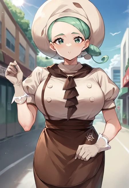 score_9, score_8_up, score_7_up, masterpiece, source_anime, 1girl, ct_k4ty, large breasts, brown shirt, puffy short sleeves, brown ascot, chef hat, brown apron, gloves, outdoors, city, depth of field, sun, looking at viewer, <lora:Katy_Pokemon_Pony_ct:0.9>