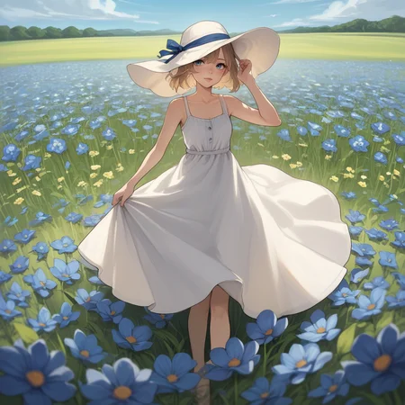 zPDXL2,score_9, score_8_up, score_7_up, score_6_up, score_5_up, score_4_up, <lora:Flower_Field:0.7> flw3r, outdoors, flower field, blue sky, blue flowers, 1girl, solo, sundress,