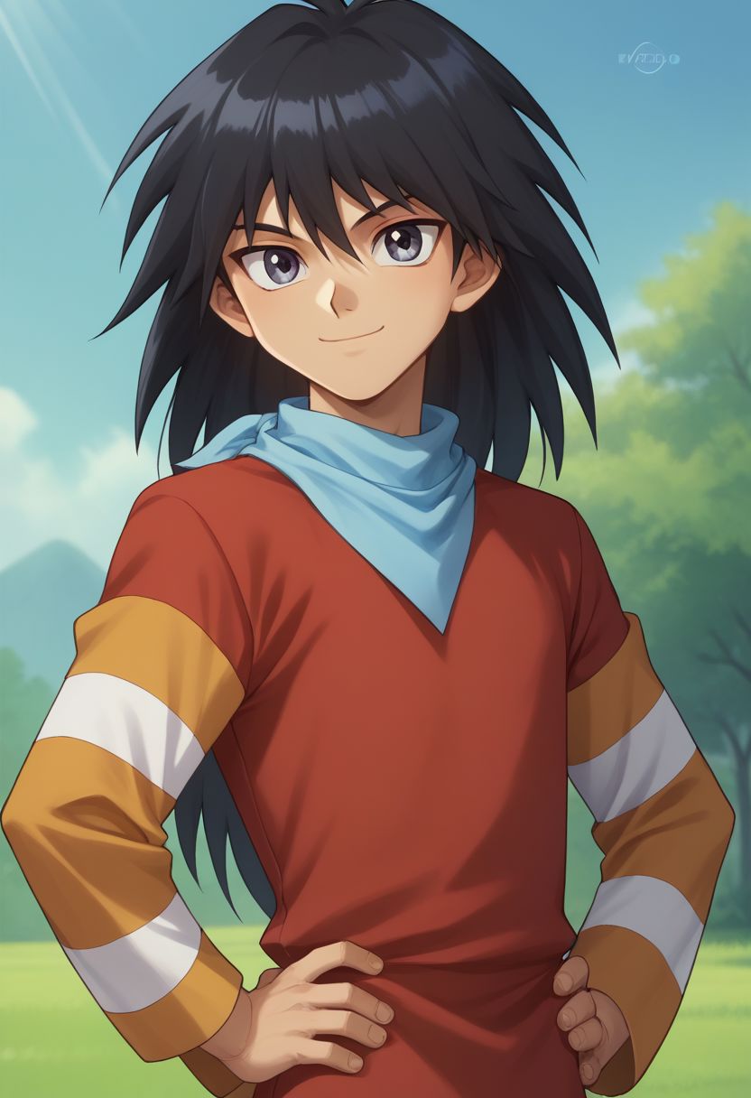 score_9, score_8_up, score_7_up, source_anime, highly detailed,
mobuka, 1boy, solo, male_focus, black hair, long sleeves, hands on hips, red shirt, striped shirt, neckerchief, smile, striped sleeves, long hair, upper body, looking at viewer,
outside,